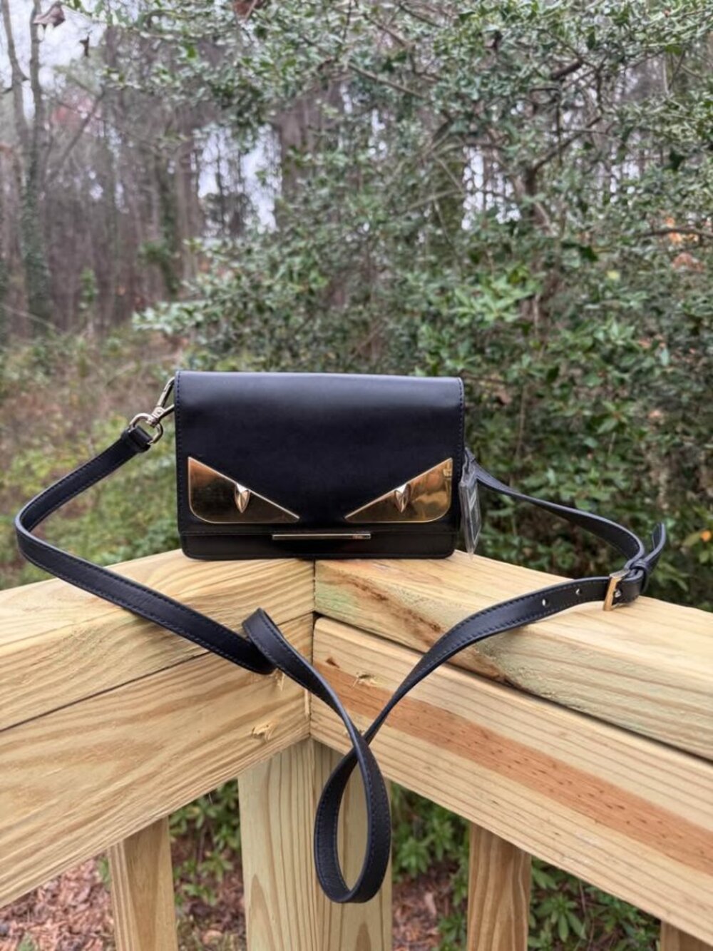 Fendi Monster Black & Gold Mini Crossbody Bag Purse